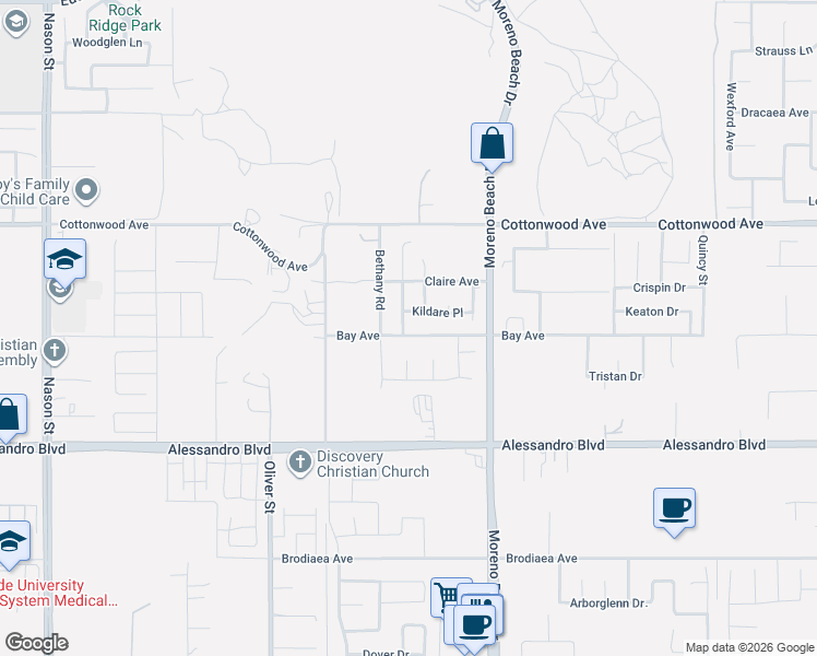 map of restaurants, bars, coffee shops, grocery stores, and more near 27847 Bay Avenue in Moreno Valley