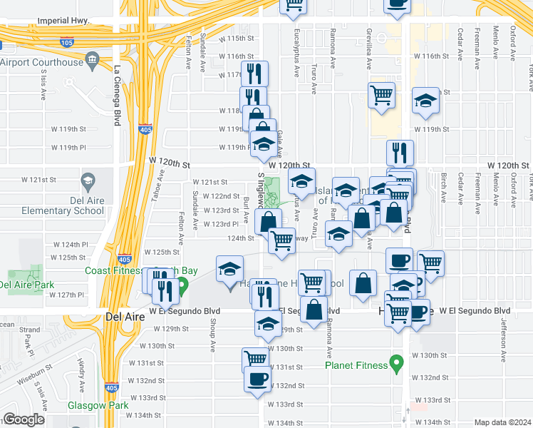 map of restaurants, bars, coffee shops, grocery stores, and more near 12302 Inglewood Avenue in Hawthorne