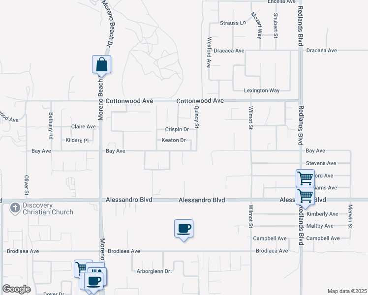map of restaurants, bars, coffee shops, grocery stores, and more near 28424 Bay Avenue in Moreno Valley