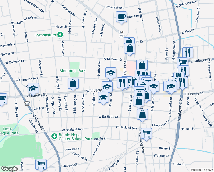 map of restaurants, bars, coffee shops, grocery stores, and more near 307 West Liberty Street in Sumter