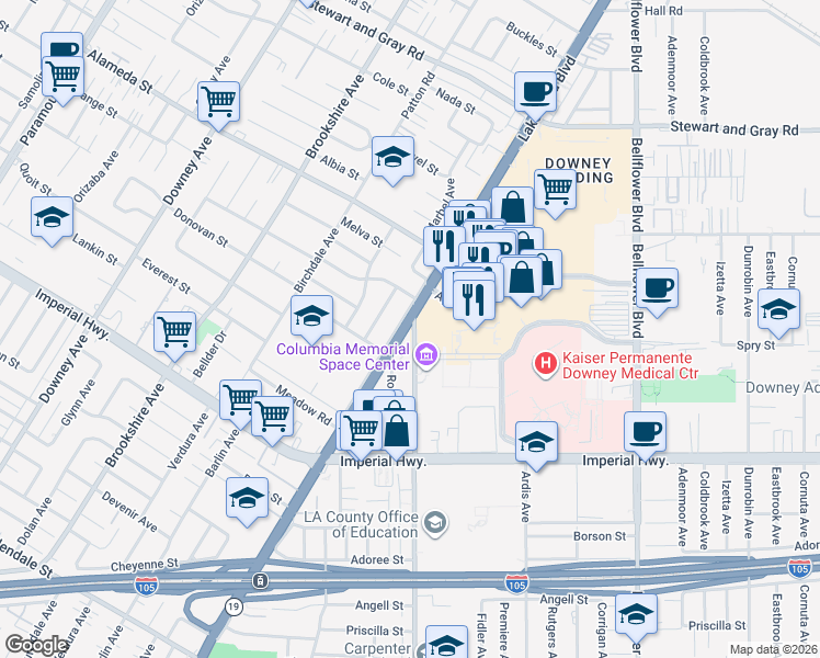 map of restaurants, bars, coffee shops, grocery stores, and more near 12300 Lakewood Boulevard in Downey