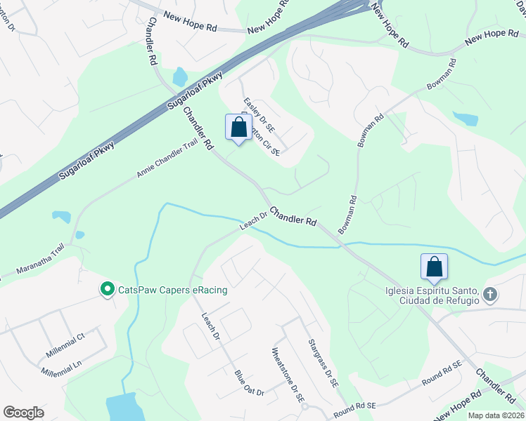 map of restaurants, bars, coffee shops, grocery stores, and more near 1431 Chandler Road in Lawrenceville