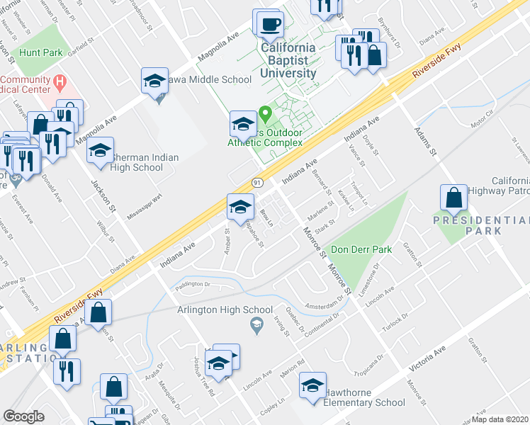 map of restaurants, bars, coffee shops, grocery stores, and more near 3357 Brou Lane in Riverside