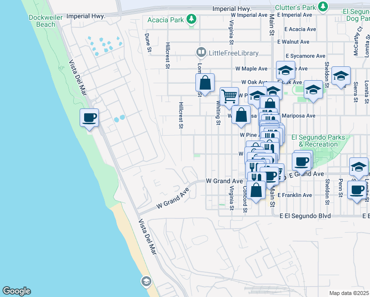 map of restaurants, bars, coffee shops, grocery stores, and more near 402 Hillcrest Street in El Segundo