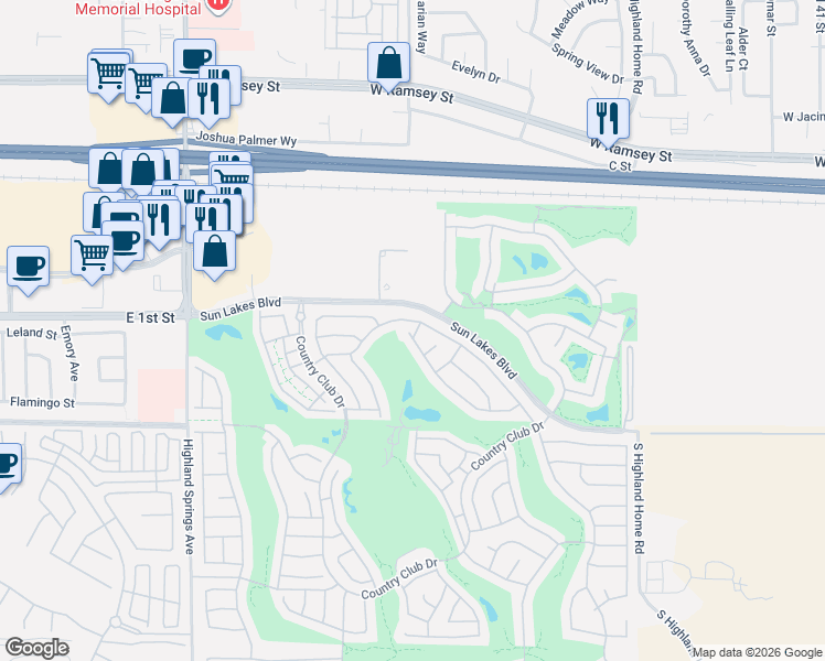 map of restaurants, bars, coffee shops, grocery stores, and more near 477 South Maidstone Street in Banning