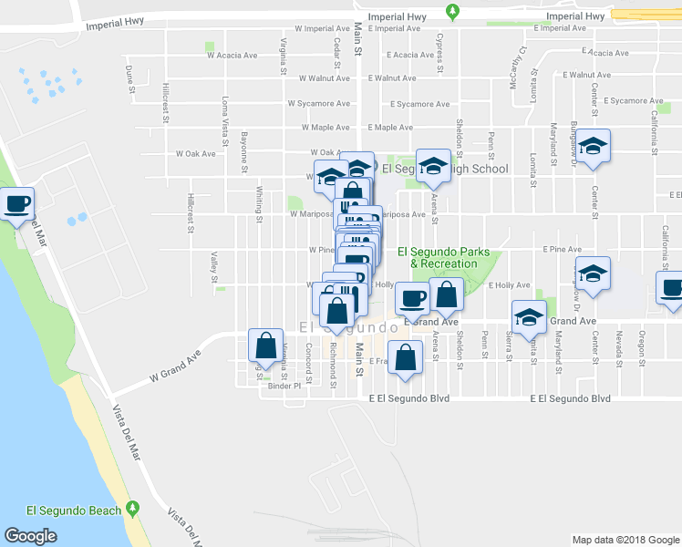 map of restaurants, bars, coffee shops, grocery stores, and more near 412 Richmond Street in El Segundo