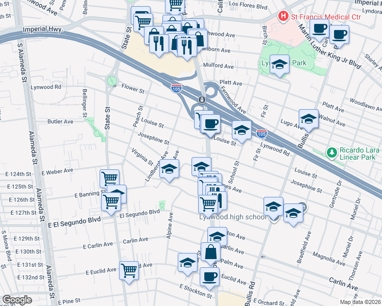 map of restaurants, bars, coffee shops, grocery stores, and more near 3356 Josephine Street in Lynwood