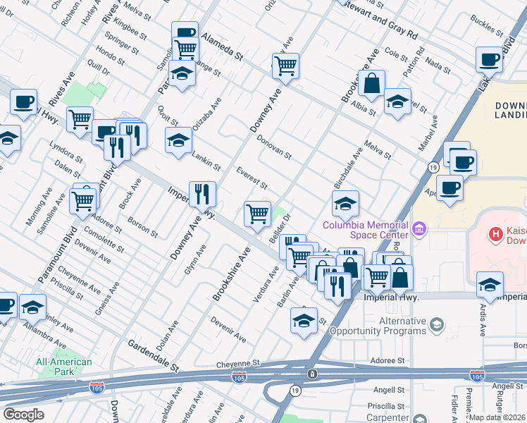 map of restaurants, bars, coffee shops, grocery stores, and more near 12535 Brookshire Avenue in Downey