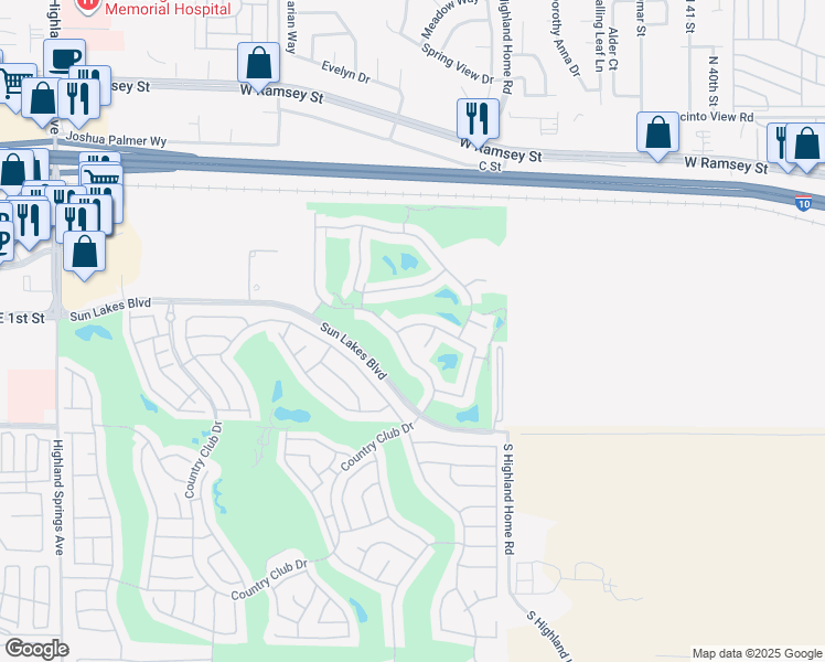 map of restaurants, bars, coffee shops, grocery stores, and more near 5041 Oakhurst Avenue in Banning