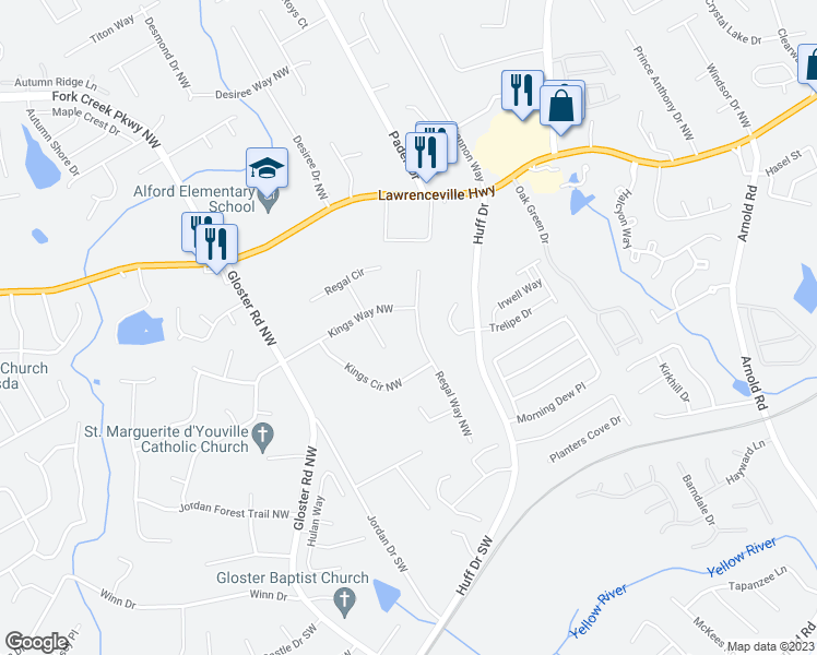 map of restaurants, bars, coffee shops, grocery stores, and more near 131 Regal Way Northwest in Lawrenceville