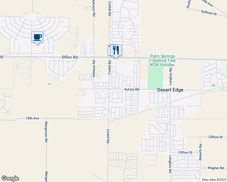 map of restaurants, bars, coffee shops, grocery stores, and more near 17640 Corkill Road in Desert Hot Springs