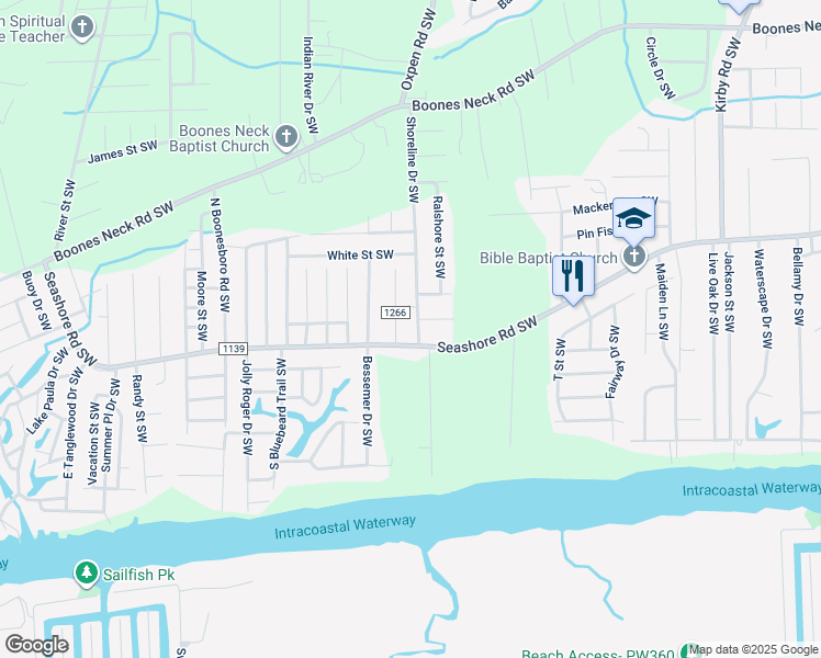 map of restaurants, bars, coffee shops, grocery stores, and more near 2495 Shoreline Drive Southwest in Brunswick County
