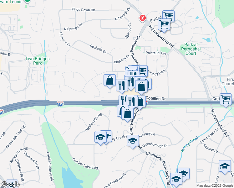 map of restaurants, bars, coffee shops, grocery stores, and more near 4472 Chamblee Dunwoody Road in Atlanta