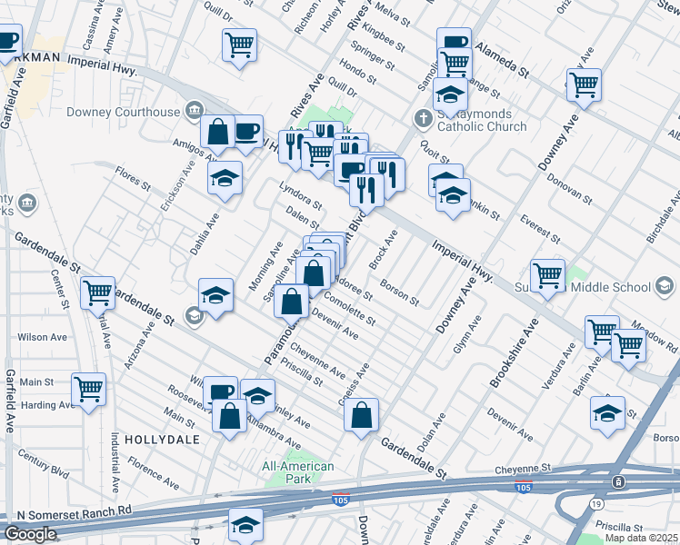 map of restaurants, bars, coffee shops, grocery stores, and more near 8016 Adoree Street in Downey