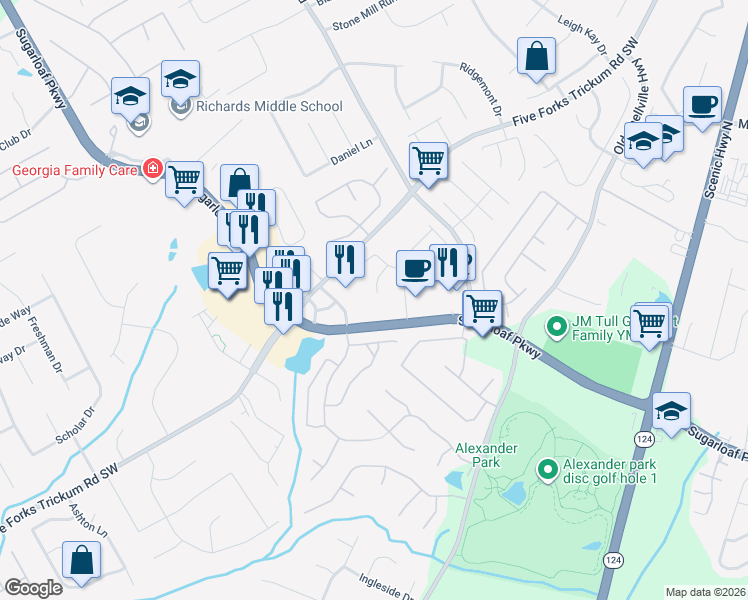 map of restaurants, bars, coffee shops, grocery stores, and more near 583 Bellbrook Court in Lawrenceville