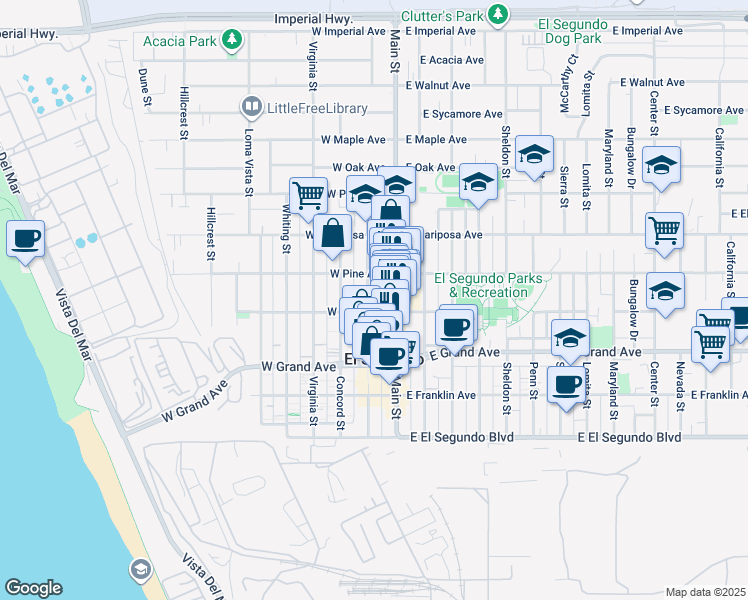 map of restaurants, bars, coffee shops, grocery stores, and more near 412 Richmond Street in El Segundo