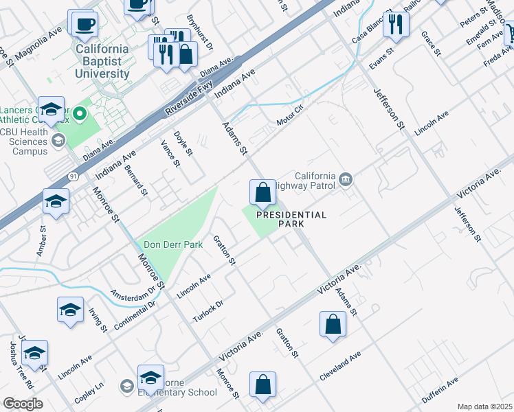 map of restaurants, bars, coffee shops, grocery stores, and more near Unnamed Road in Riverside