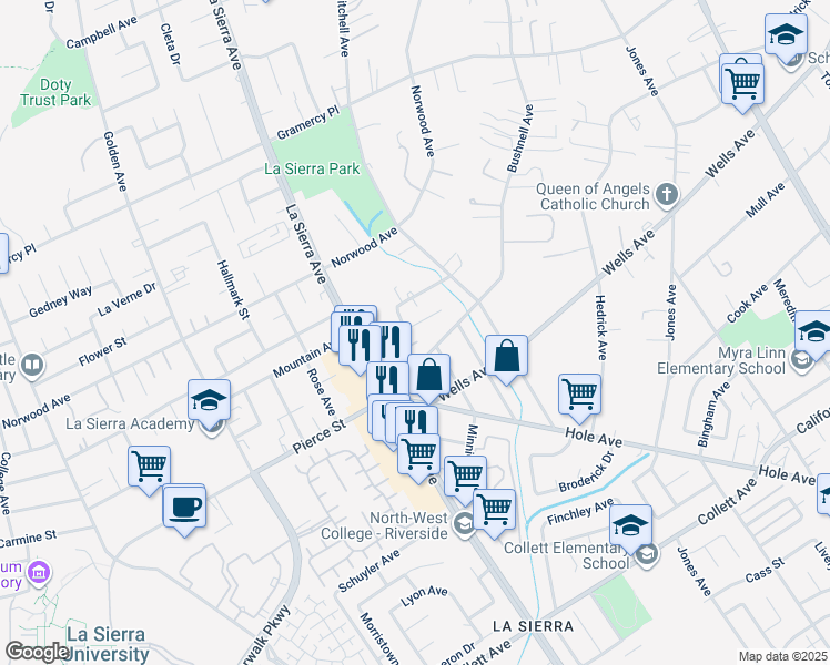 map of restaurants, bars, coffee shops, grocery stores, and more near 11000 Nebraska Avenue in Riverside