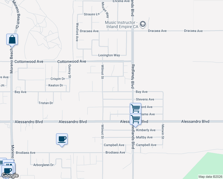 map of restaurants, bars, coffee shops, grocery stores, and more near 28820 Bay Avenue in Moreno Valley