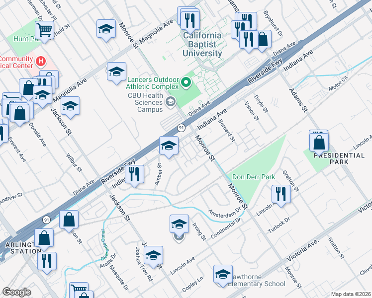 map of restaurants, bars, coffee shops, grocery stores, and more near 3357 Brou Lane in Riverside