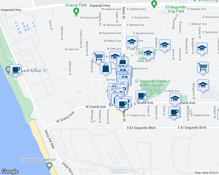map of restaurants, bars, coffee shops, grocery stores, and more near 412 Concord Street in El Segundo