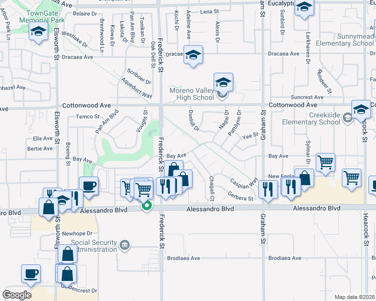 map of restaurants, bars, coffee shops, grocery stores, and more near 13739 Rena Court in Moreno Valley