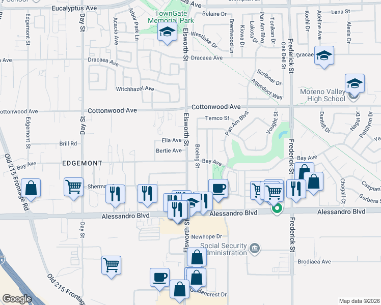 map of restaurants, bars, coffee shops, grocery stores, and more near 13720 Elsworth Street in Moreno Valley