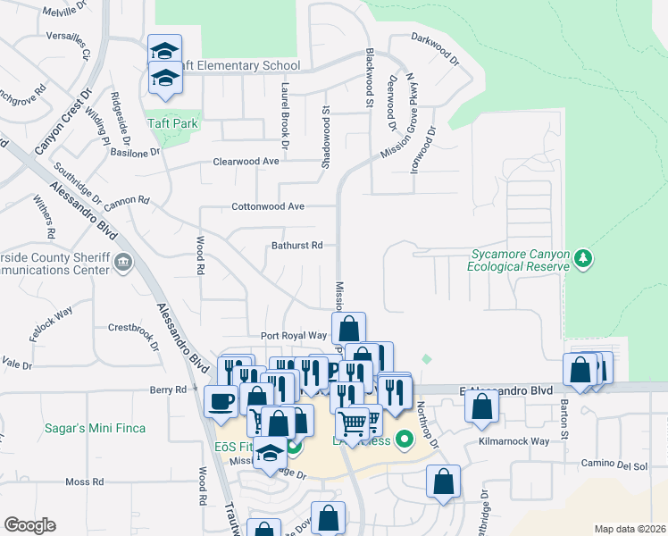 map of restaurants, bars, coffee shops, grocery stores, and more near 7146 Stanhope Lane in Riverside