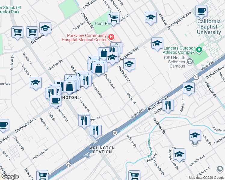 map of restaurants, bars, coffee shops, grocery stores, and more near 9211 Terry Lane in Riverside