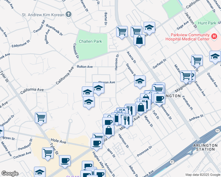 map of restaurants, bars, coffee shops, grocery stores, and more near 4000 Harrison Street in Riverside