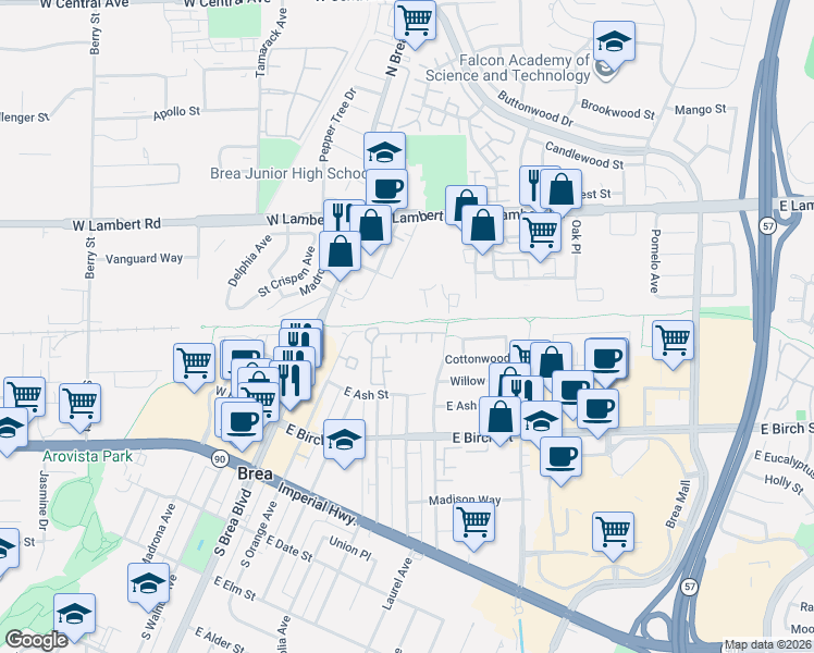 map of restaurants, bars, coffee shops, grocery stores, and more near 33 Rogers Court in Brea