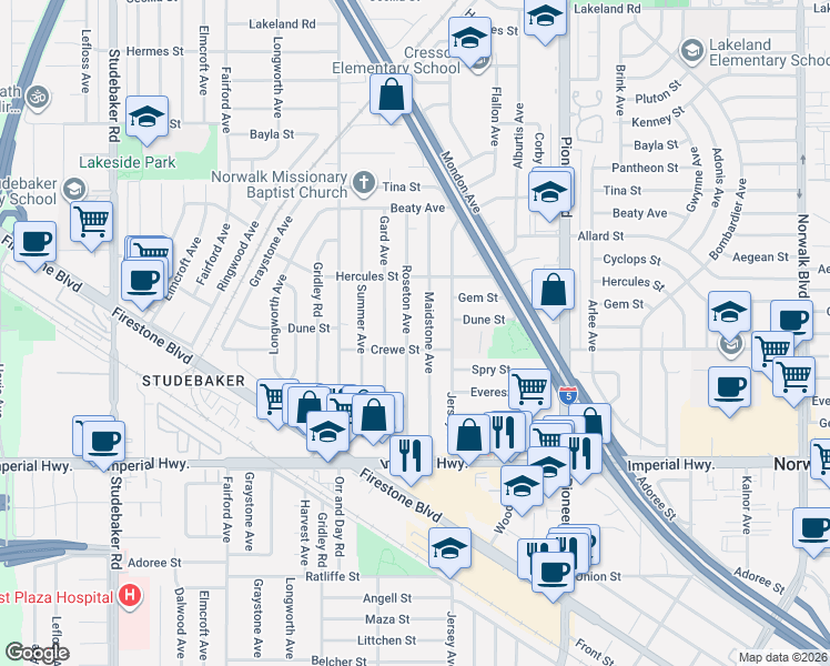 map of restaurants, bars, coffee shops, grocery stores, and more near 12132 Roseton Avenue in Norwalk