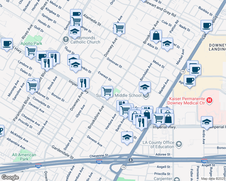 map of restaurants, bars, coffee shops, grocery stores, and more near 12552 Brookshire Avenue in Downey
