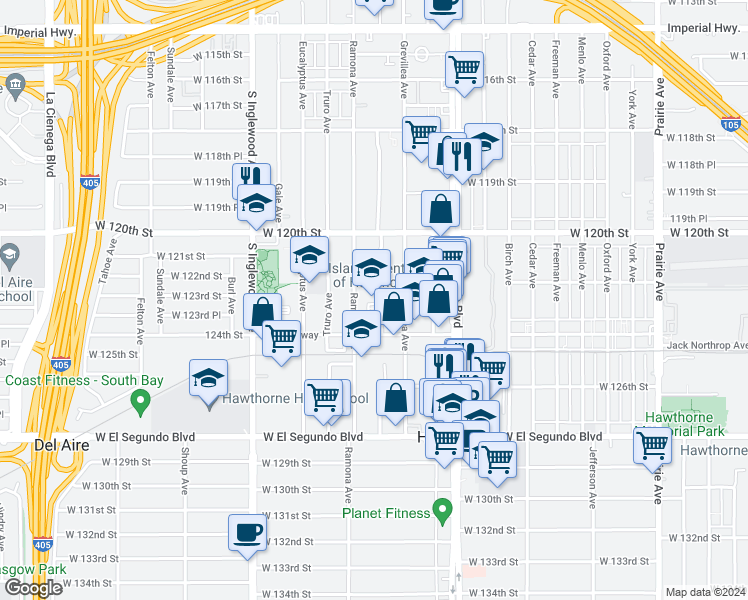map of restaurants, bars, coffee shops, grocery stores, and more near 12245 Manor Drive in Hawthorne