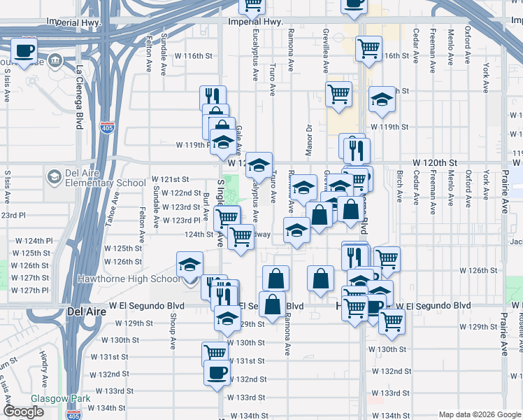 map of restaurants, bars, coffee shops, grocery stores, and more near 12250 Eucalyptus Avenue in Hawthorne