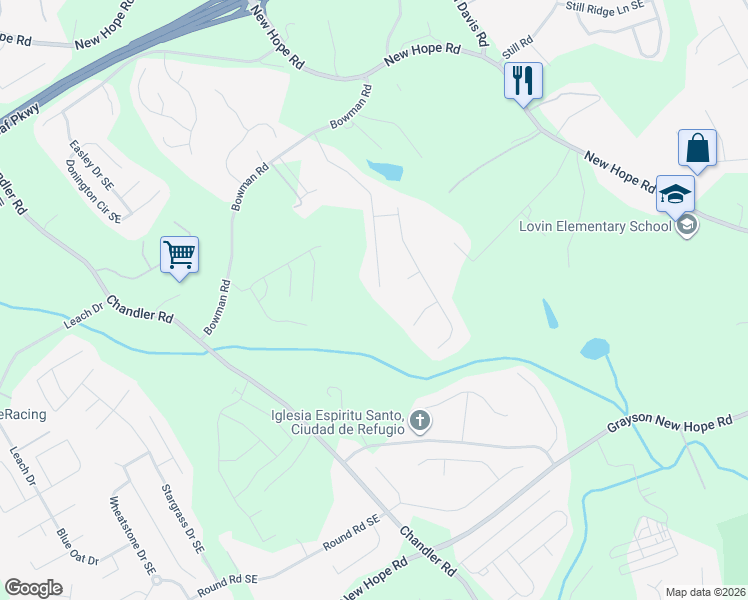 map of restaurants, bars, coffee shops, grocery stores, and more near 1615 Watson Ridge Trail Southeast in Lawrenceville