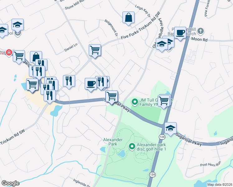map of restaurants, bars, coffee shops, grocery stores, and more near 3139 Flery Way South West in Lawrenceville