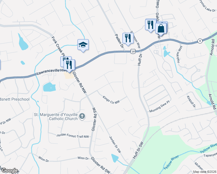 map of restaurants, bars, coffee shops, grocery stores, and more near 2618 Kings Way Northwest in Lawrenceville