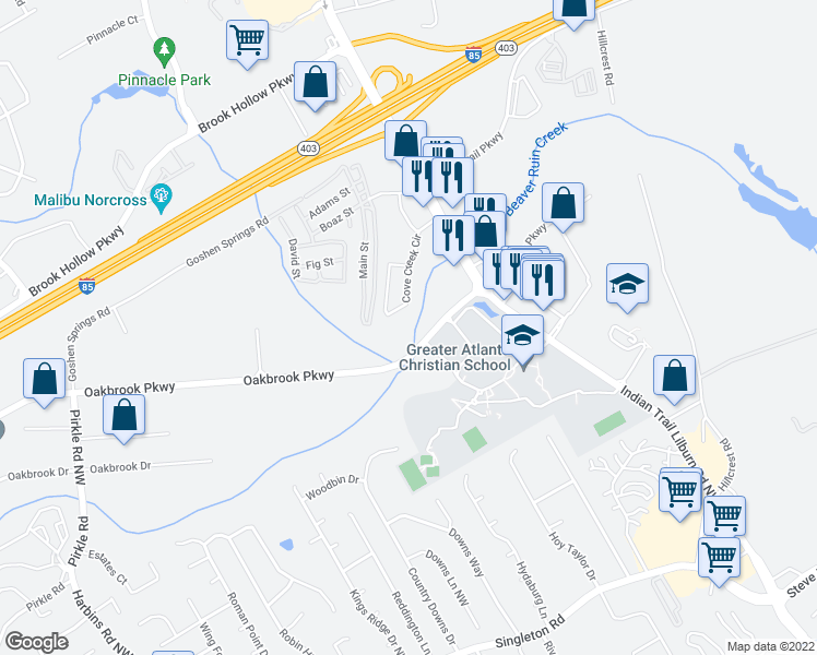 map of restaurants, bars, coffee shops, grocery stores, and more near 1583 Cove Creek Circle in Norcross