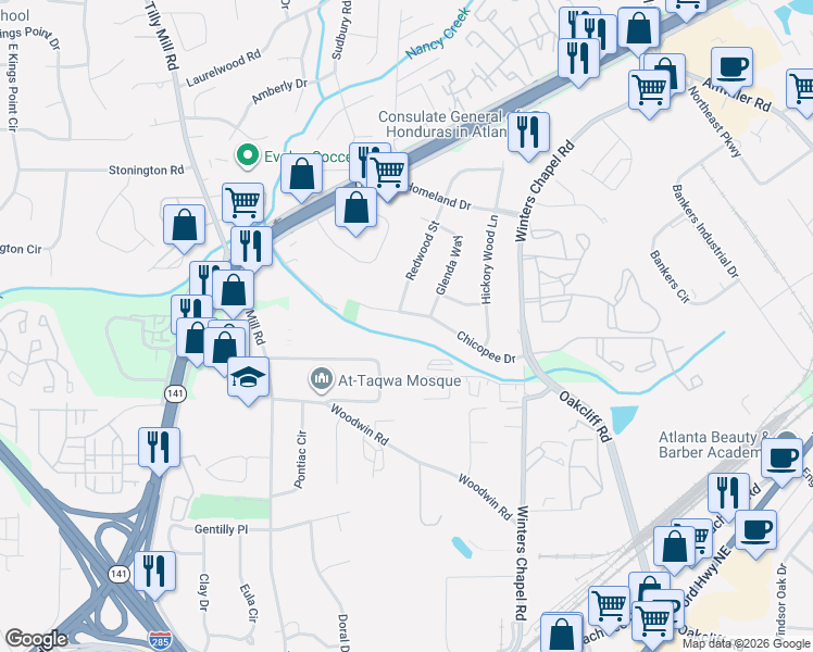 map of restaurants, bars, coffee shops, grocery stores, and more near 2765 Chicopee Drive in Doraville