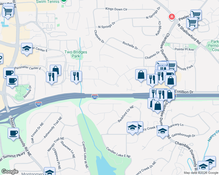 map of restaurants, bars, coffee shops, grocery stores, and more near 1553 Old Spring House Lane in Dunwoody