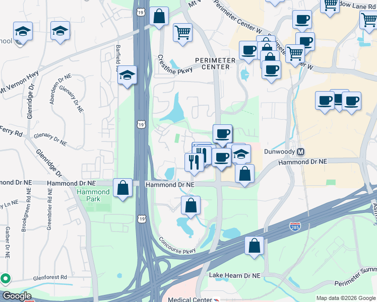 map of restaurants, bars, coffee shops, grocery stores, and more near 510 Garden Court in Sandy Springs