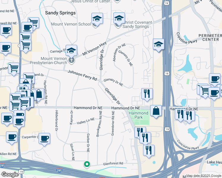 map of restaurants, bars, coffee shops, grocery stores, and more near 6065 Glenridge Drive in Atlanta