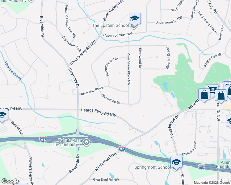 map of restaurants, bars, coffee shops, grocery stores, and more near 6025 Riverwood Drive Northwest in Atlanta
