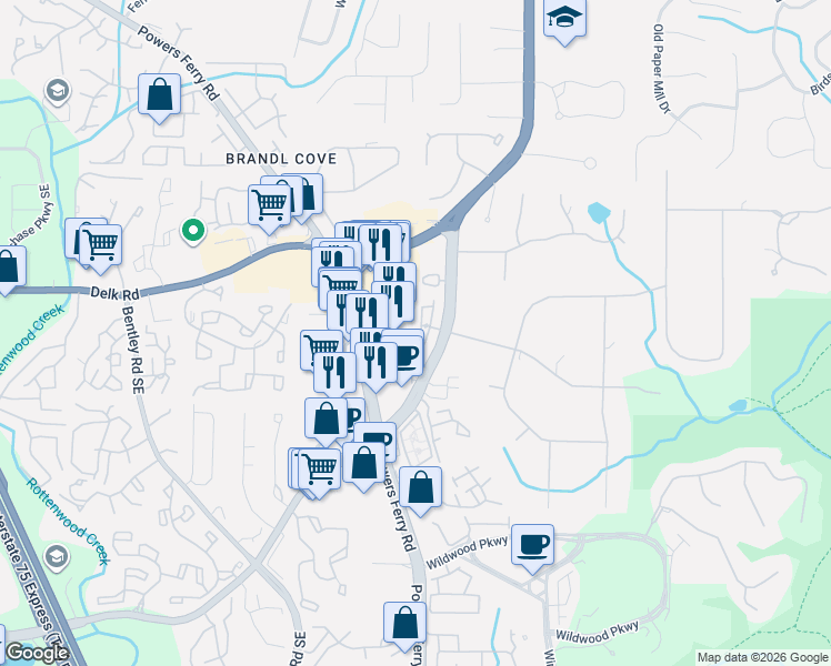 map of restaurants, bars, coffee shops, grocery stores, and more near 1300 Tigerwood Bend in Marietta