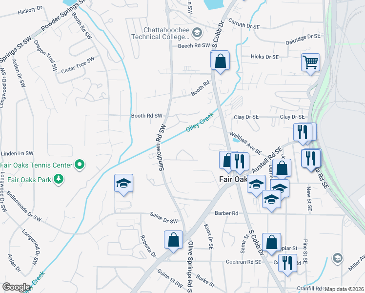 map of restaurants, bars, coffee shops, grocery stores, and more near 1187 Kendrew Pass in Marietta