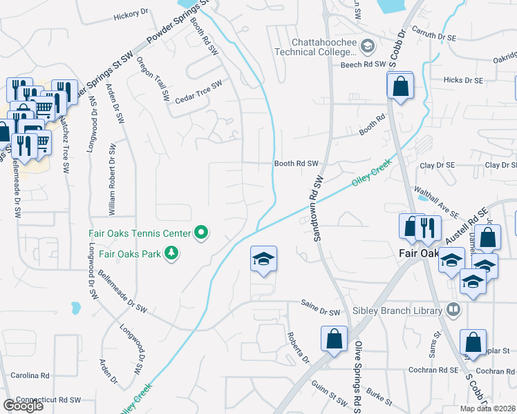 map of restaurants, bars, coffee shops, grocery stores, and more near 1279 West Booth Road Extension Southwest in Marietta