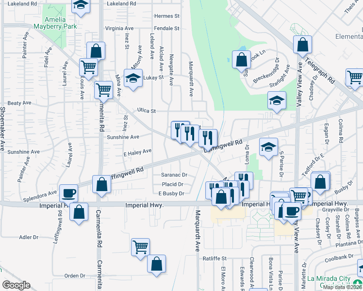 map of restaurants, bars, coffee shops, grocery stores, and more near 13746 Meyer Road in Whittier