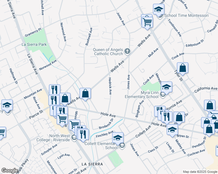 map of restaurants, bars, coffee shops, grocery stores, and more near 4716 Hedrick Avenue in Riverside
