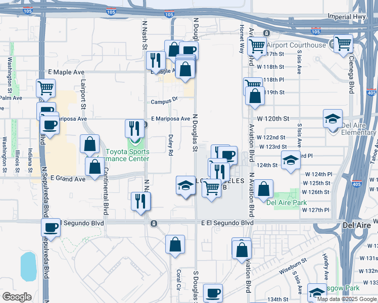 map of restaurants, bars, coffee shops, grocery stores, and more near 445 North Douglas Street in El Segundo